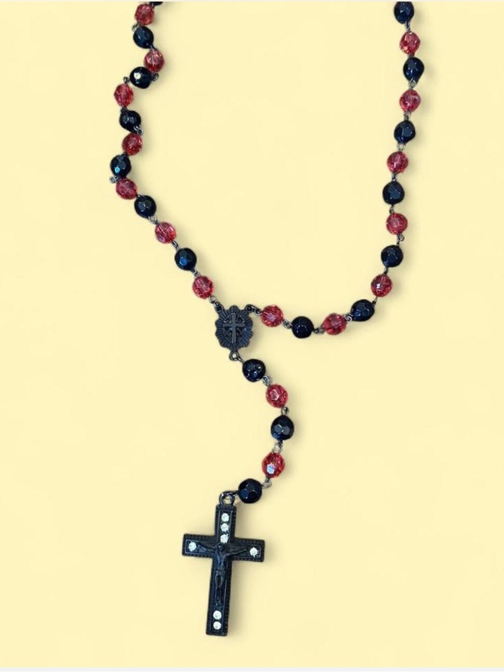 Rosary Cross Beaded Necklace With Rhinestones New